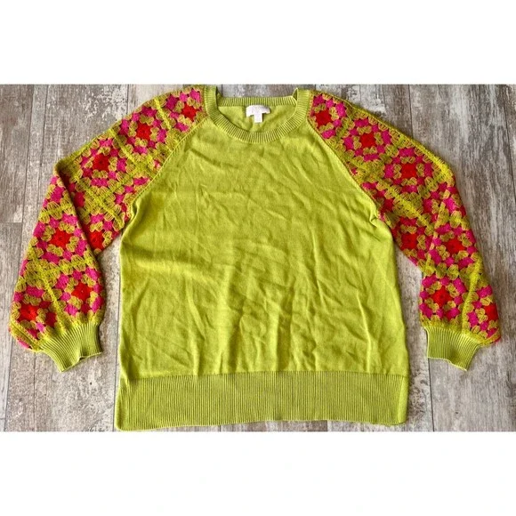 Kim Gravel Belle Boho Granny Square Crochet Sleeve Cotton Sweater Lime Green M - Picture 1 of 7
